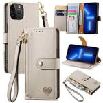 For iPhone 13 Pro Love Zipper Lanyard Leather Phone Case(Gray)
