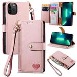 For iPhone 13 Pro Max Love Zipper Lanyard Leather Phone Case(Pink)