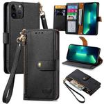 For iPhone 13 Pro Max Love Zipper Lanyard Leather Phone Case(Black)