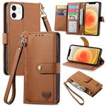 For iPhone 12 mini Love Zipper Lanyard Leather Phone Case(Brown)