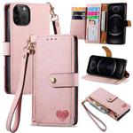 For iPhone 12/12 Pro Love Zipper Lanyard Leather Phone Case(Pink)