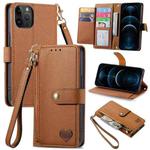 For iPhone 12 Pro Max Love Zipper Lanyard Leather Phone Case(Brown)