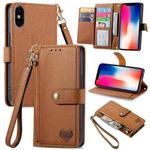 For iPhone X / XS Love Zipper Lanyard Leather Phone Case(Brown)