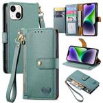 For iPhone 15 Love Zipper Lanyard Leather Phone Case(Green)