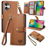 For iPhone 16 Plus Love Zipper Lanyard Leather Phone Case(Brown)