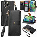 For iPhone 16 Pro Max Love Zipper Lanyard Leather Phone Case(Black)