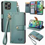 For iPhone 16 Pro Max Love Zipper Lanyard Leather Phone Case(Green)