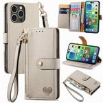 For iPhone 16 Pro Max Love Zipper Lanyard Leather Phone Case(Gray)