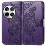 For OnePlus 12 Butterfly Love Flower Embossed Leather Phone Case(Dark Purple)