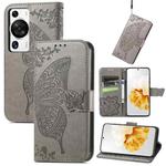 For Huawei P60 Pro Butterfly Love Flower Embossed Leather Phone Case(Gray)