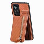 For Xiaomi 12T / 12T Pro Carbon Fiber Vertical Flip Zipper Phone Case(Brown)
