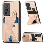 For vivo X70 Carbon Fiber Wallet Flip Card K-shaped Holder Phone Case(Khaki)