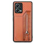 For Redmi Note 12 5G Carbon Fiber Horizontal Flip Zipper Wallet Phone Case(Brown)