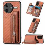 For Redmi K80 Pro / Poco F7 Ultra Carbon Fiber Horizontal Flip Zipper Wallet Phone Case(Brown)