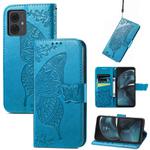 For Motorola Moto  G14 Butterfly Love Flower Embossed Leather Phone Case(Blue)