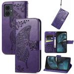 For Motorola Moto  G14 Butterfly Love Flower Embossed Leather Phone Case(Dark Purple)