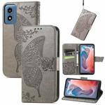 For Motorola Moto G  Play  2024 Butterfly Love Flower Embossed Leather Phone Case(Gray)