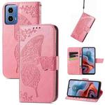 For Motorola Moto G34 Butterfly Love Flower Embossed Leather Phone Case(Pink)