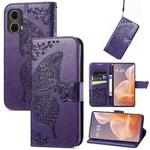 For Motorola Moto G85 Butterfly Love Flower Embossed Leather Phone Case(Dark Purple)