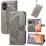 For Motorola Moto G85 Butterfly Love Flower Embossed Leather Phone Case(Gray)