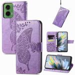 For Motorola Moto G35 Butterfly Love Flower Embossed Leather Phone Case(Light Purple)