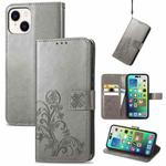 For iPhone 15 Four-leaf Clasp Embossed Buckle Leather Phone Case(Gray)