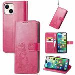 For iPhone 15 Plus Four-leaf Clasp Embossed Buckle Leather Phone Case(Magengta)
