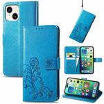 For iPhone 15 Plus Four-leaf Clasp Embossed Buckle Leather Phone Case(Blue)