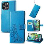 For iPhone 15 Pro Four-leaf Clasp Embossed Buckle Leather Phone Case(Blue)