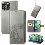 For iPhone 15 Pro Four-leaf Clasp Embossed Buckle Leather Phone Case(Gray)