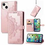 For iPhone 15 Mandala Flower Embossed Leather Phone Case(Rose Gold)