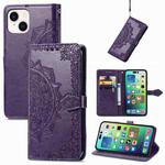 For iPhone 15 Mandala Flower Embossed Leather Phone Case(Purple)