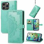 For iPhone 15 Pro Mandala Flower Embossed Leather Phone Case(Green)