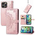 For  iPhone 15 Pro Max Mandala Flower Embossed Leather Phone Case(Rose Gold)