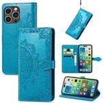 For  iPhone 15 Pro Max Mandala Flower Embossed Leather Phone Case(Blue)