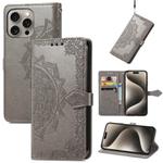 For iPhone 16 Pro Max Mandala Flower Embossed Leather Phone Case(Gray)