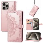 For iPhone 16 Plus Mandala Flower Embossed Leather Phone Case(Rose Gold)