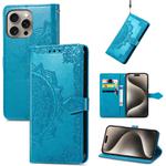 For iPhone 16 Mandala Flower Embossed Leather Phone Case(Blue)