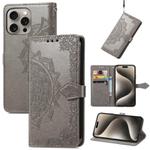 For iPhone 16 Mandala Flower Embossed Leather Phone Case(Gray)