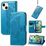 For iPhone 15 Butterfly Love Flower Embossed Leather Phone Case(Blue)