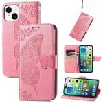 For iPhone 15 Butterfly Love Flower Embossed Leather Phone Case(Pink)