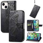 For iPhone 15 Plus Butterfly Love Flower Embossed Leather Phone Case(Black)