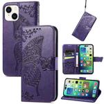 For iPhone 15 Plus Butterfly Love Flower Embossed Leather Phone Case(Dark Purple)