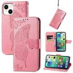 For iPhone 15 Plus Butterfly Love Flower Embossed Leather Phone Case(Pink)