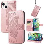 For iPhone 15 Plus Butterfly Love Flower Embossed Leather Phone Case(Rose Gold)