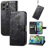 For iPhone 15 Pro Butterfly Love Flower Embossed Leather Phone Case(Black)