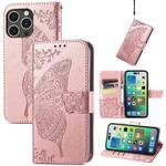 For iPhone 15 Pro Butterfly Love Flower Embossed Leather Phone Case(Rose Gold)