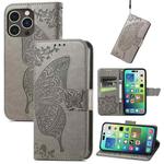 For iPhone 15 Pro Butterfly Love Flower Embossed Leather Phone Case(Gray)