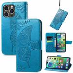 For iPhone 15 Pro Max Butterfly Love Flower Embossed Leather Phone Case(Blue)