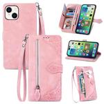 For iPhone 15 Embossed Flower Zipper Leather Phone Case(Pink)